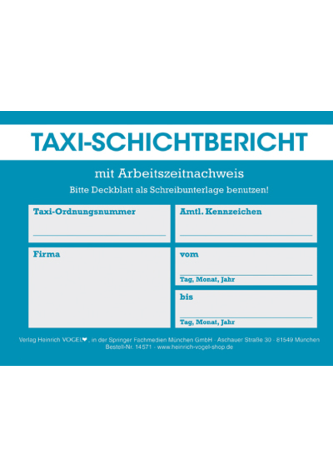 Taxi-Schichtbericht mit Arbeitszeitnachweis