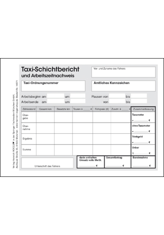 Taxi-Schichtbericht mit Arbeitszeitnachweis