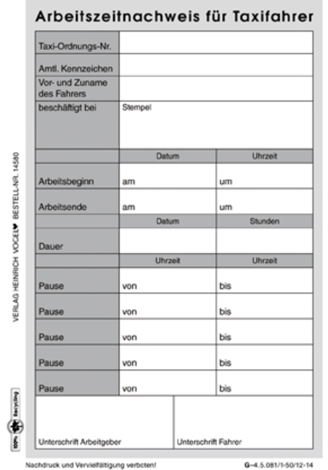 Arbeitszeitnachweis für  Taxifahrer