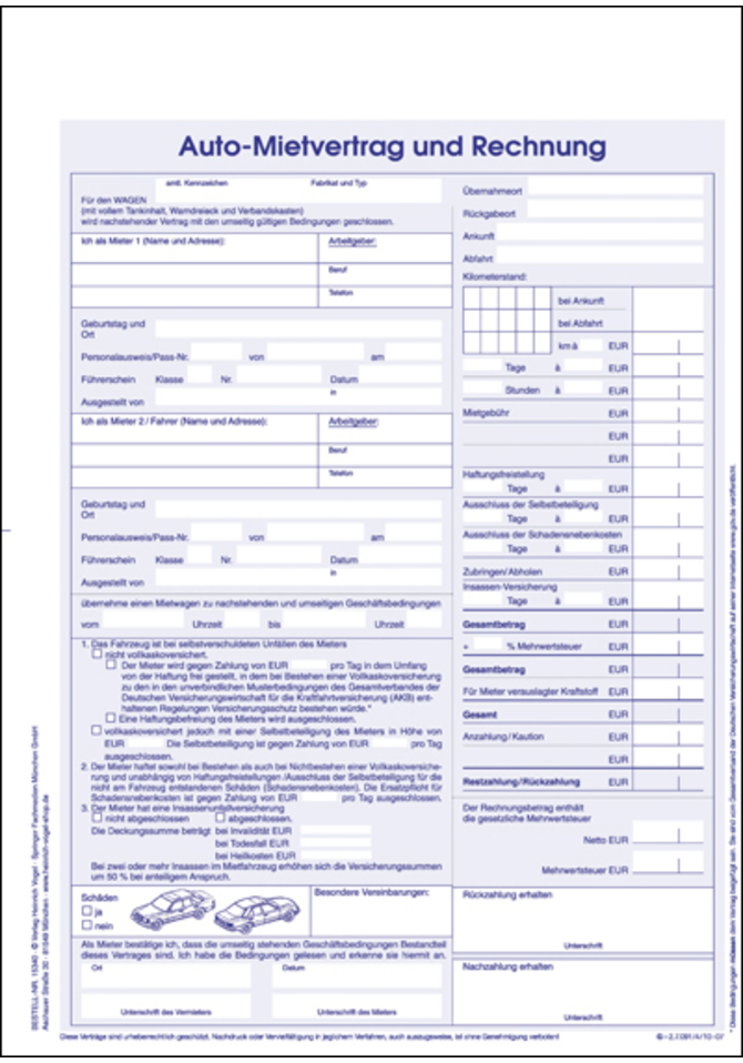 Kfz-Mietvertrag und Rechnung