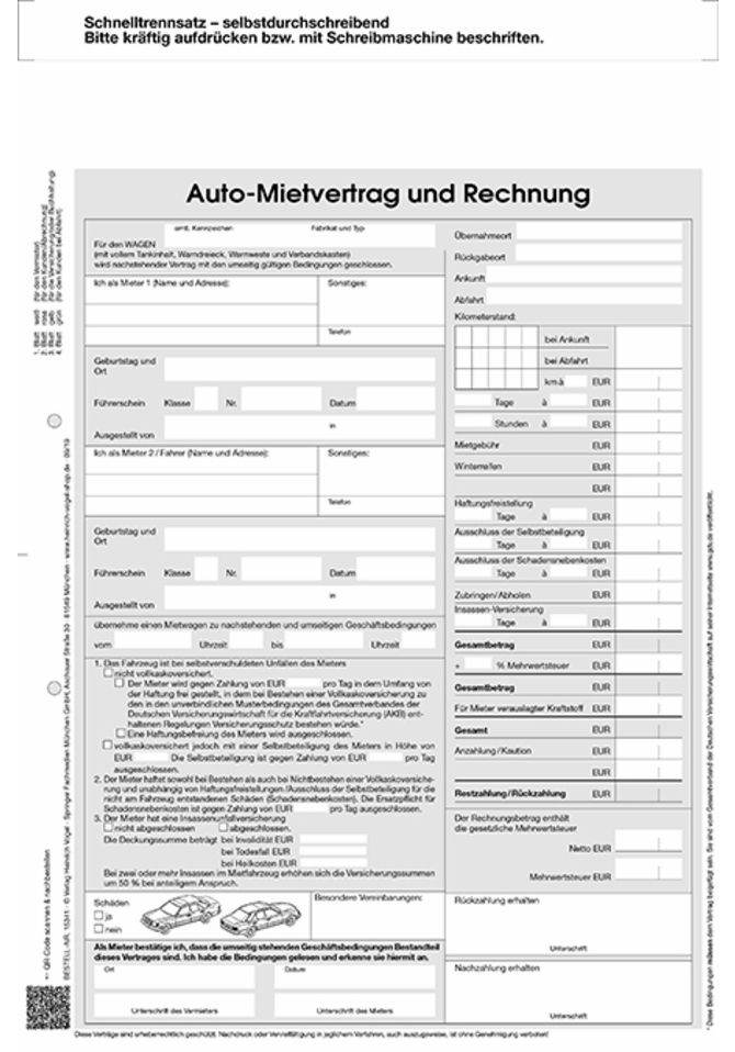 Kfz-Mietvertrag und Rechnung