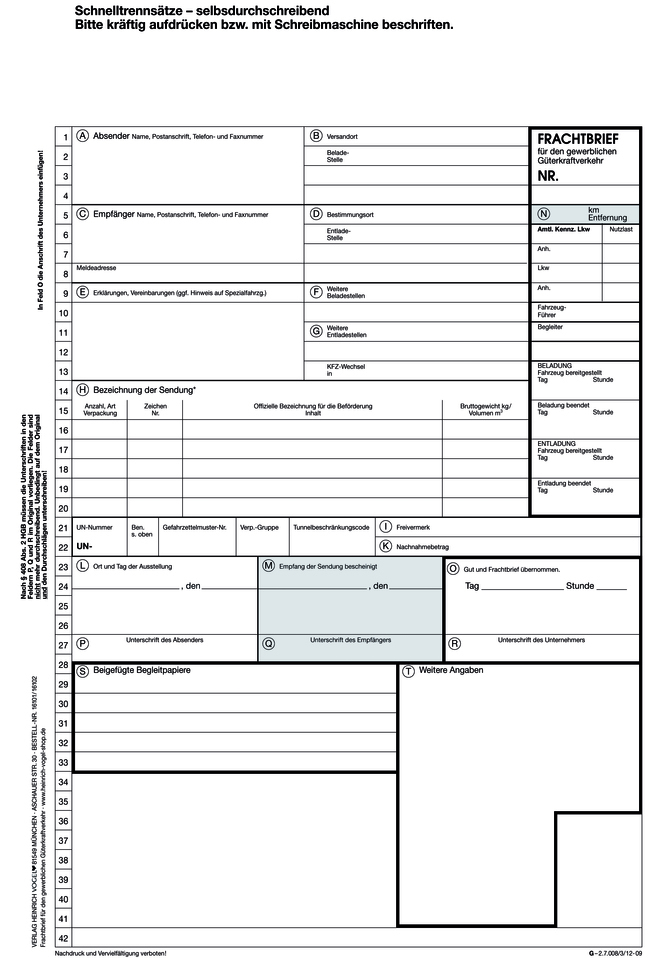 Frachtbrief 3-fach Satz  NCR