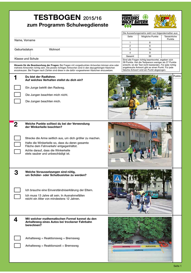 Sicherheit auf dem Schulweg - Testbogen