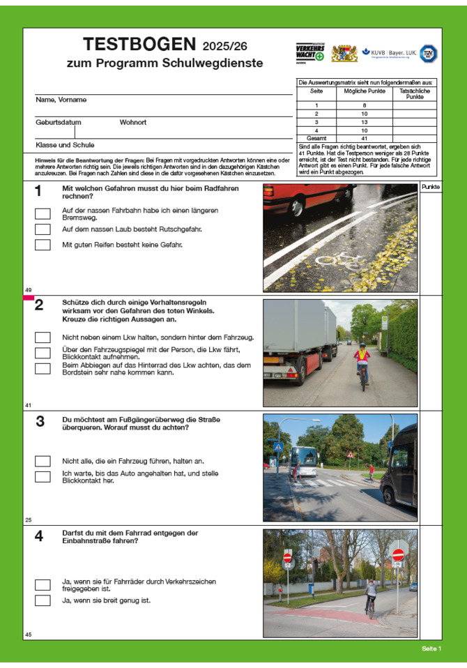 Sicherheit auf dem Schulweg - Testbogen