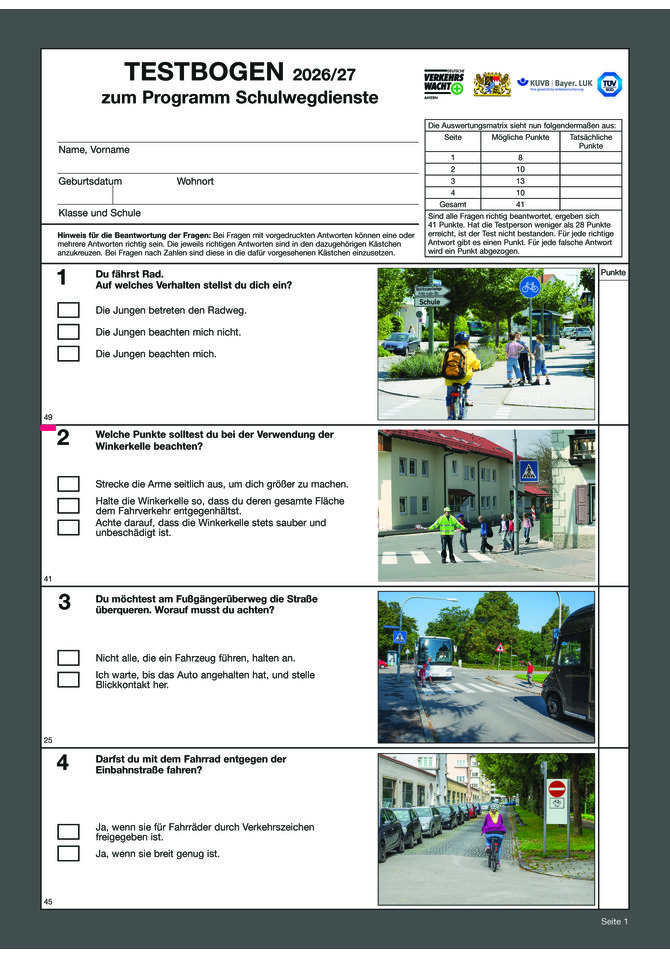 Sicherheit auf dem Schulweg - Testbogen