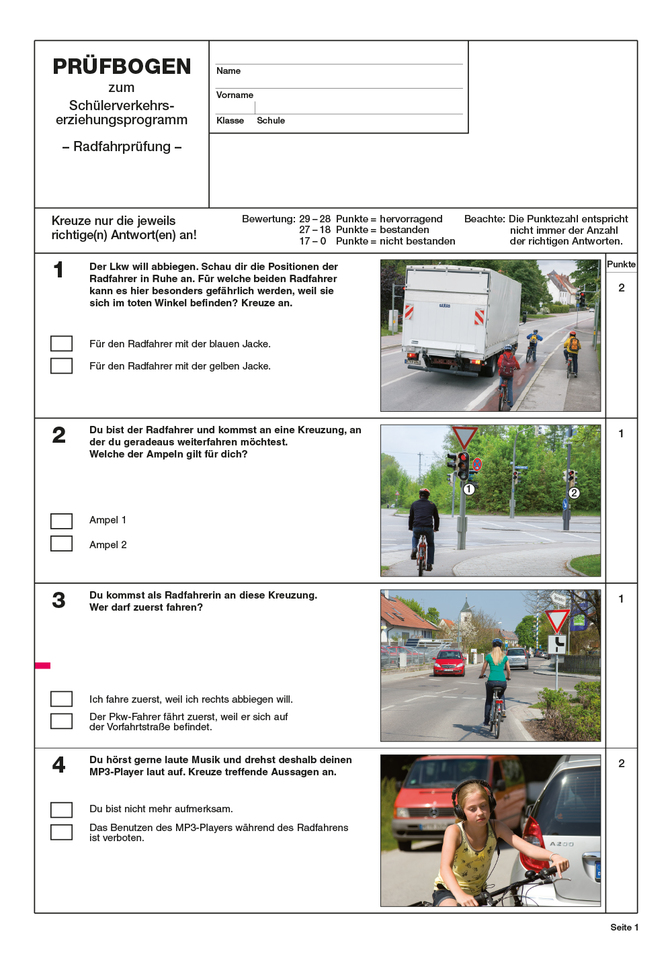 Prüfbogen zum Schülerverkehrserziehungsprogramm